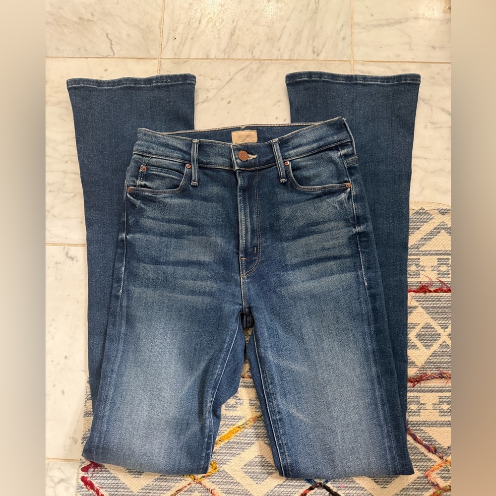 MOTHER Blue Flare Wide Leg Jeans with Distressed Details